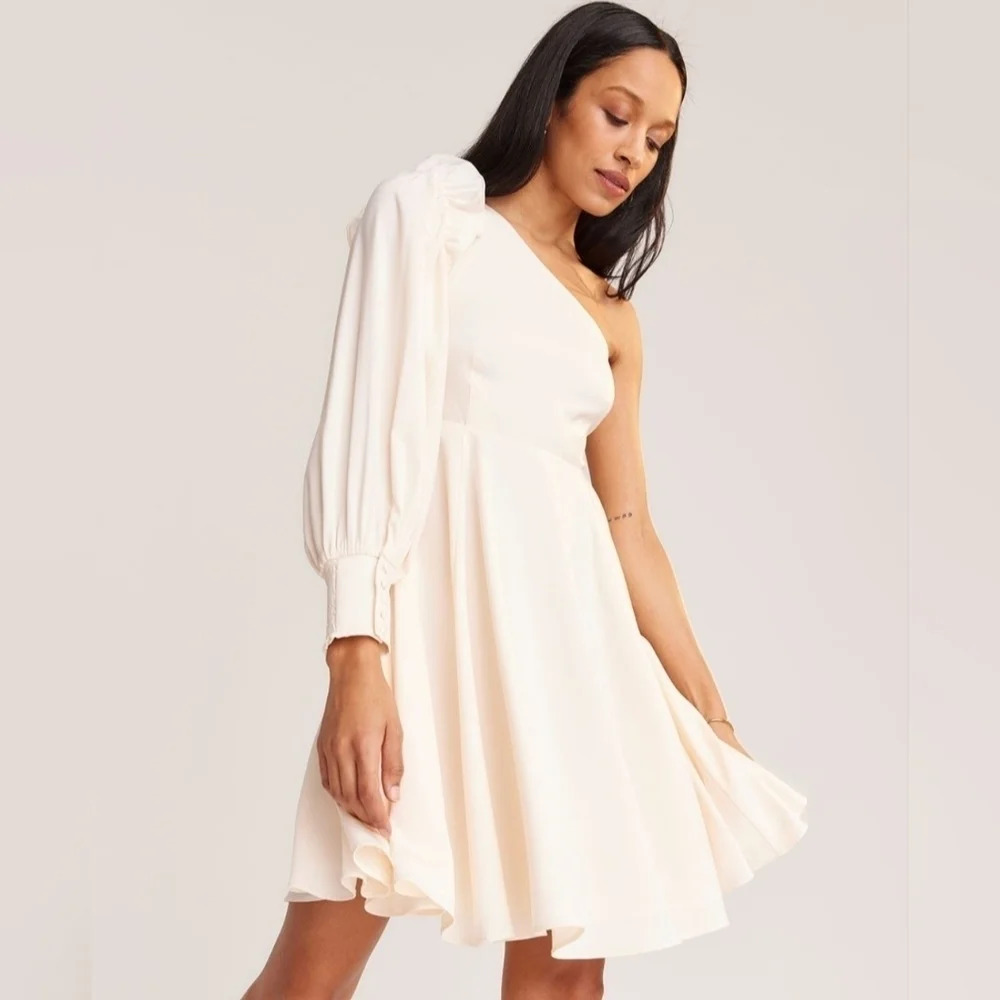 RW&CO. One-Shoulder Cream Dress with Puff Sleeve